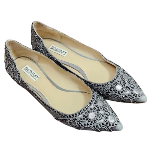 Badgley Mischka Gunmetal Gigi Crystal Platinum Pointed Toe Ballet Flats Shoes 9 - Picture 3 of 15